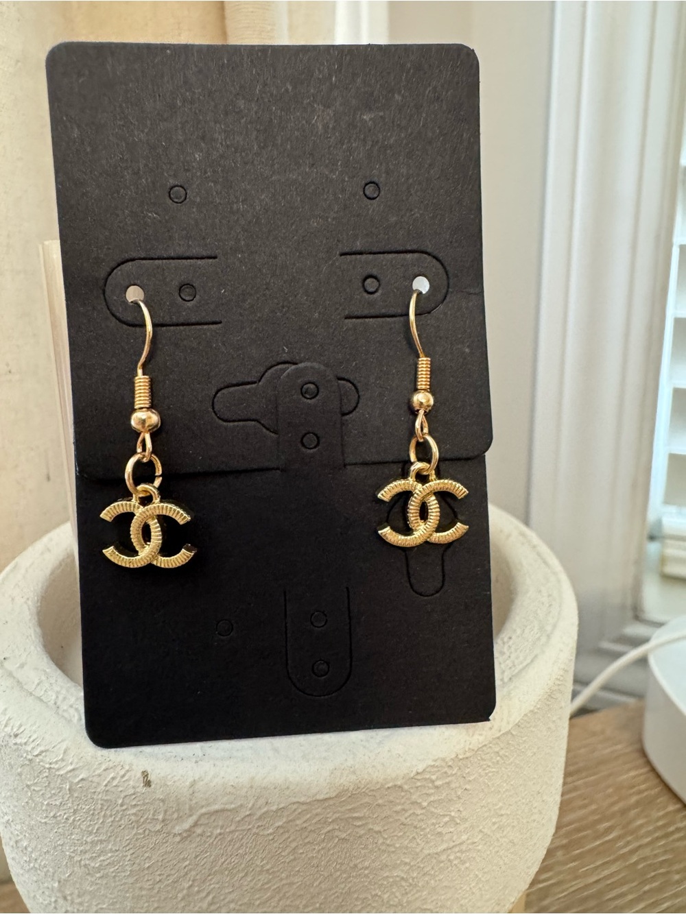 New - Gold Interlocking CC Dangle Earrings